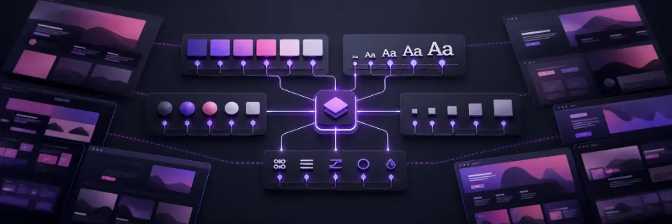 Design token system diagram across color, type, and layout surfaces