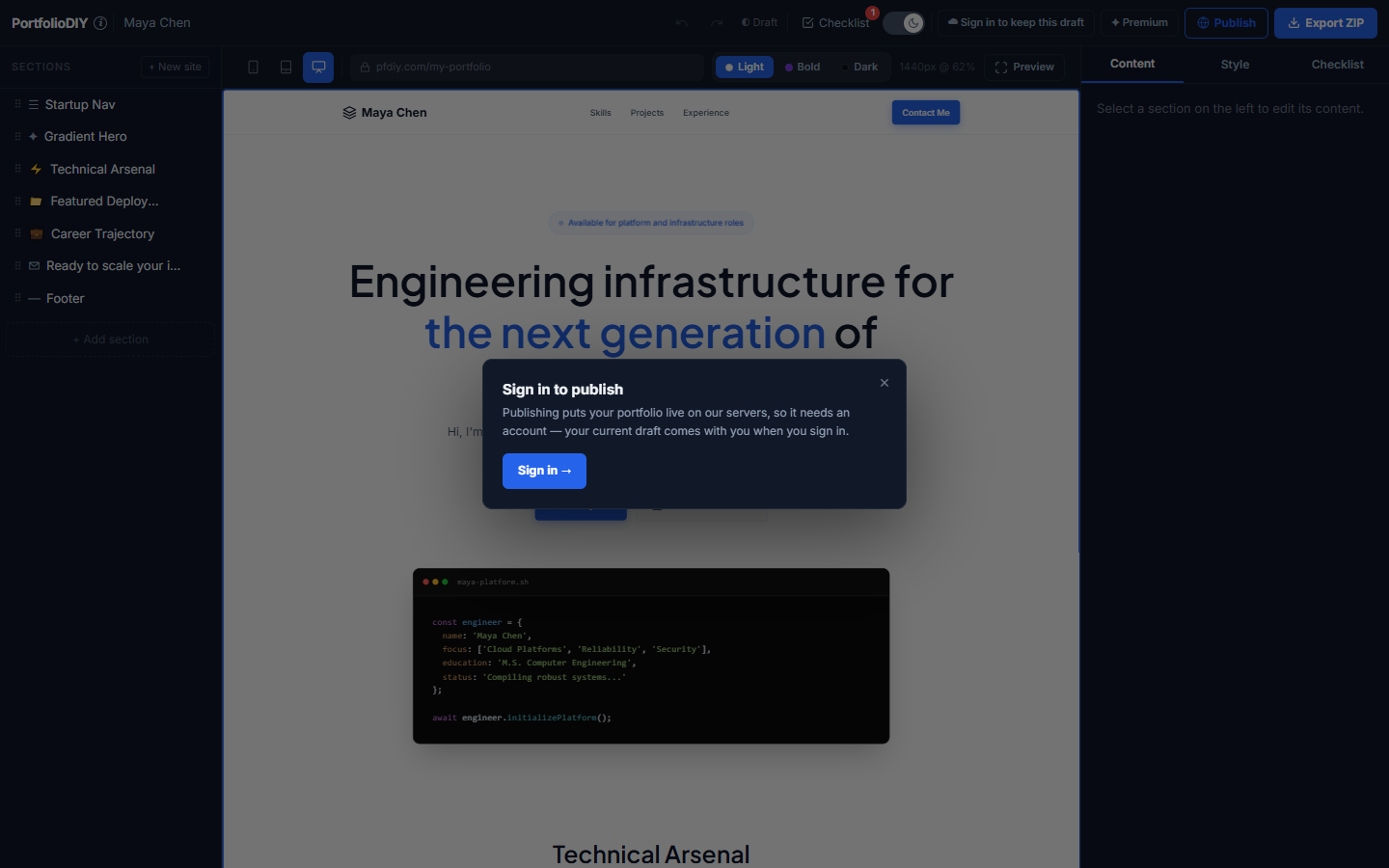 The Publish dialog, prompting a guest to sign in before publishing