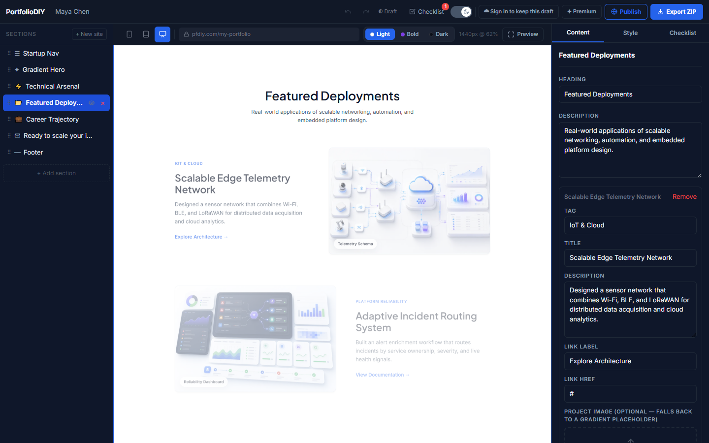 Editor screenshot with the Projects section selected in the left rail and its matching fields open in the Content panel on the right